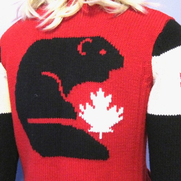 HUDSON BAY CANADA Red Wool 2014 Olympics Flag Beaver Zip Up SWEATER XS - Picture 4 of 11